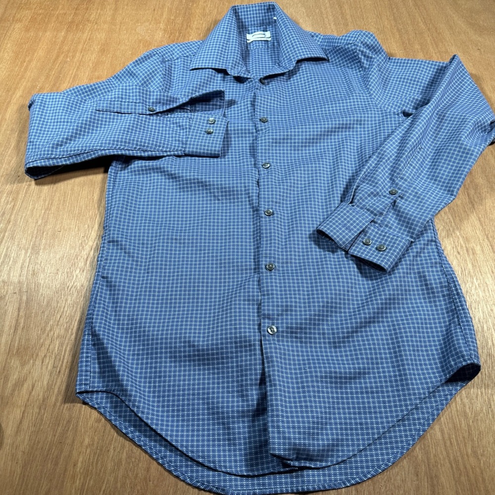 Calvin Klein Button Down Shirt Mens 15 32/33 M Blue Micro Check Grid Long Sleeve
